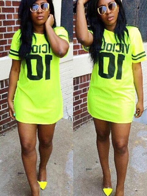 Women's Summer Fashion Fluorescent Green Number One Soft Sexy Slim Short Sleeve Cotton Casual Dress