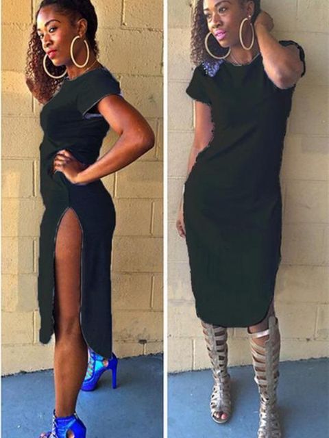 Sumartíska kvenna Rundháls mjúk kynþokkafullur grannur stutt ermaklofinn kjóll