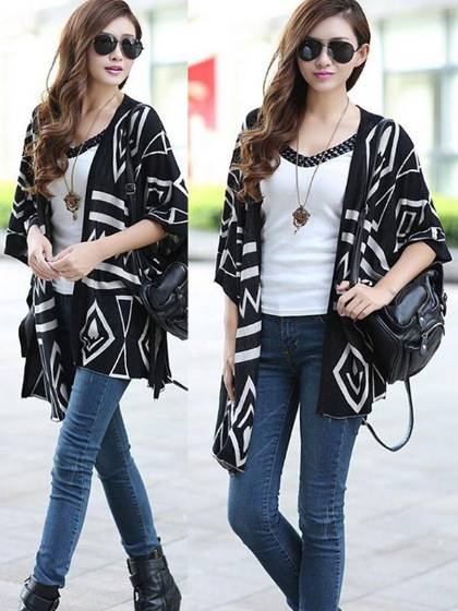 Women Oversized Batwing Sleeve Geometric Knit Cardigan Jumper Sweater Outwear Sweaters & Cardigans