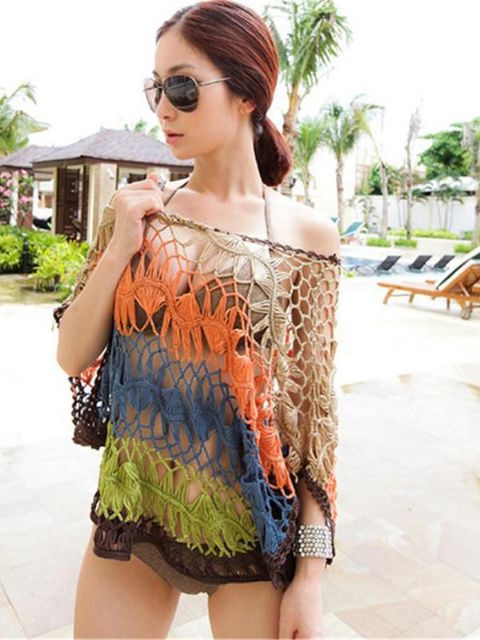 Konur Sumar lausar keðjutenglar girðing holur kylfu ermi prjónaður blússa strandsólarskyrta