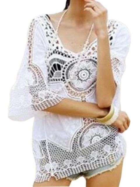 Sumar openwork kylfu ermi hringlaga háls blúndur Vintage blússa Wild Girl Beach sólarvörn skyrta