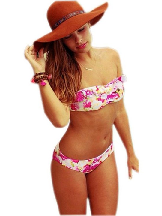 2 PCS Women's Sexy Strapless Digital Flower Print Bohimian Swimwear Bikini Set Push Up Swimsuit Underwire Beachwear