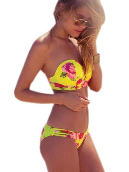 Strapless Women's Sexy Digital Flower Print Bohimian Swimwear Bikini Set Push Up Swimsuit Underwire Beachwear