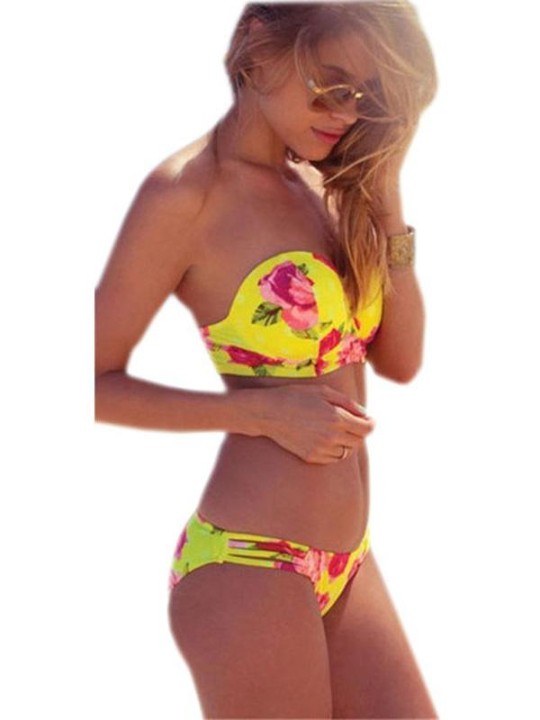 Strapless 2 PCS Women's Sexy Digital Flower Print Bohimian Swimwear Bikini Set Push Up Swimsuit Underwire Beachwear