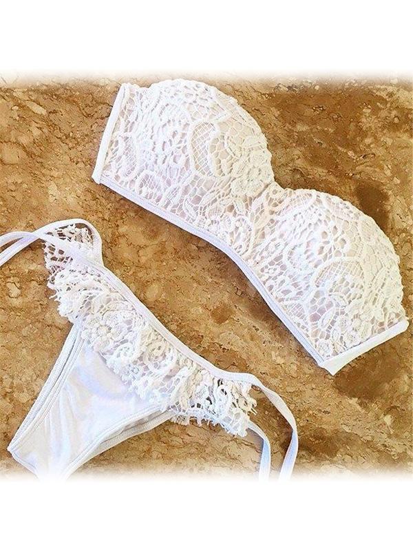 2 PCS Strapless Women&#39;s Sexy White Lace traje de baño Bikini conjunto Push Up traje de baño triángulo ropa interior Beachwear