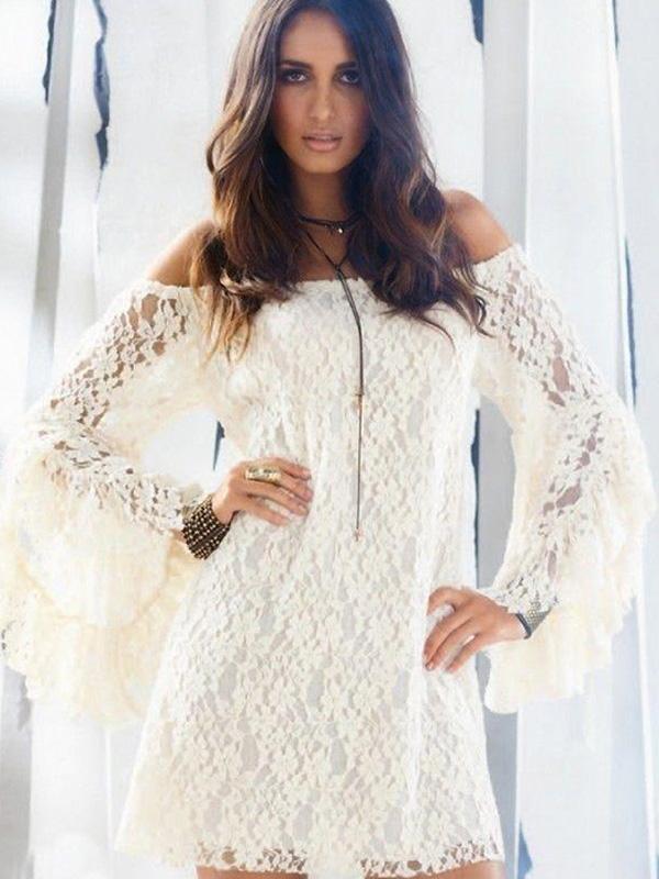 Elegant Vintage Brud Boho Off Shoulder Vit Spetsblus Klänning Kvällscocktail