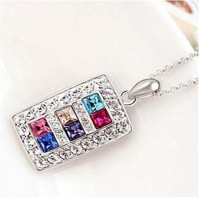Damsmycken Squre Crystal Rhinestone Pendant Necklace Chain Gift