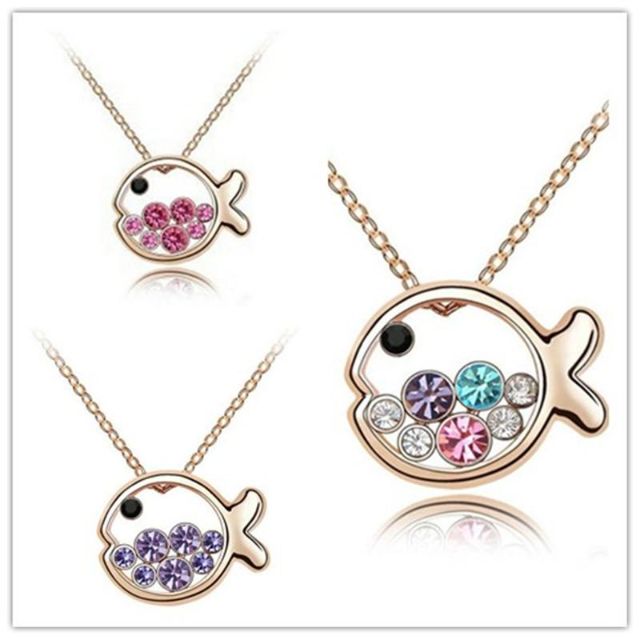 Women Fashion Jewelry Fish Crystal Rhinestone Pendant Necklace Chain Gift