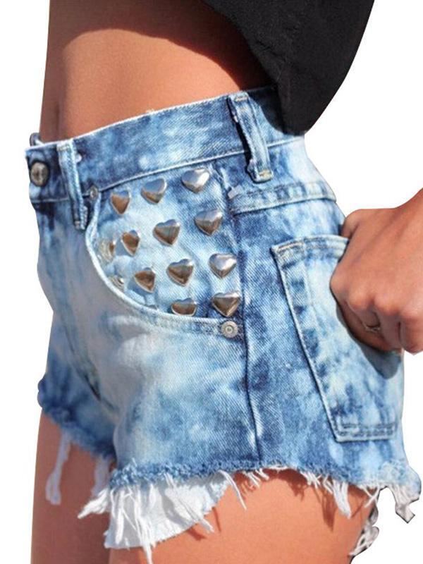 Kvinnamode sexig blå hjärta besatta slitna jeansshorts i tvätt