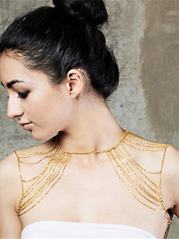 Womens Chain Necklace Multi Punk Metal Shoulder Chain Link Necklace Tassel Body Chain