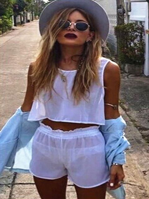 2015 New Womens Summer Sexy Chiffon Sleeveless Two Pieces Crop Top and Short Set