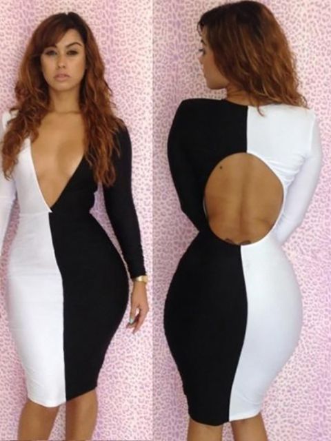 Kynþokkafullur svart hvítur Deep-V aftur klipptur út Bodycon kjóll klæðnaður