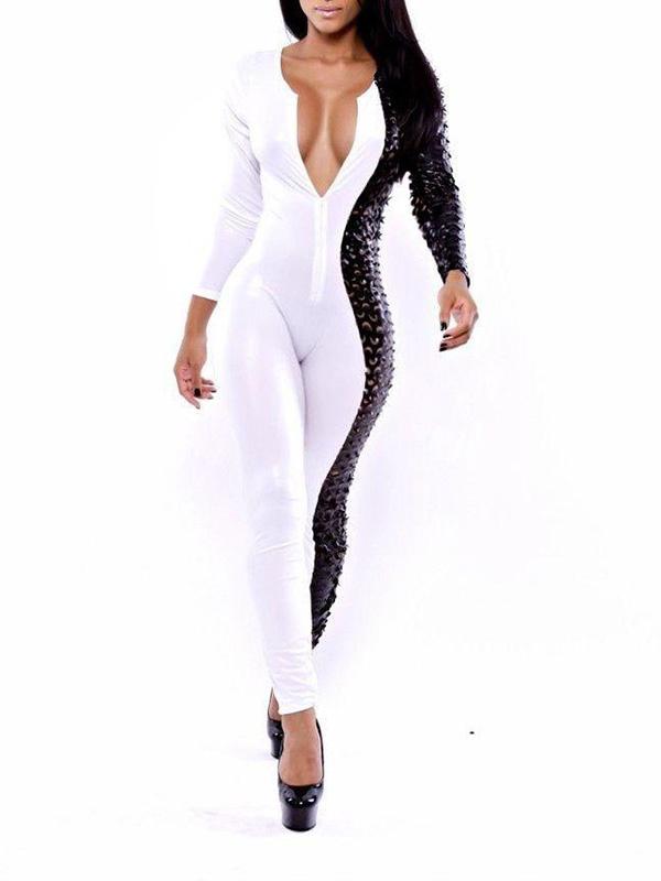 Bútasaumur úr gervileðri föndur Kvenna svartur Bodycon Jumpsuit Catsuit Bodysuit