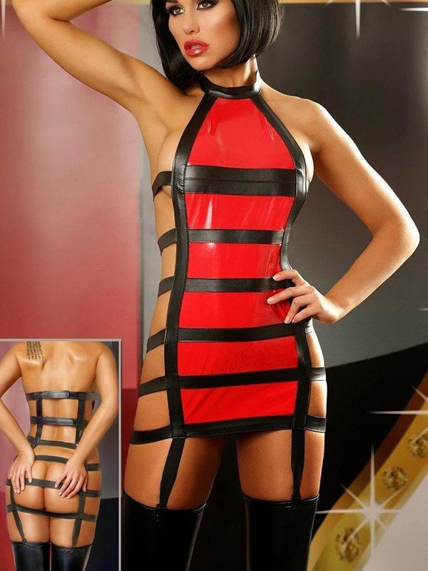 Sexy Lingerie Strappy Gothic Punk Wetlook Red Black Bandage High Neck Dress /w Garters Clubwear Gothic0909