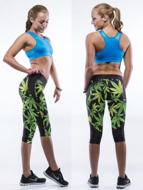 Mulheres 3D Digital Folha Estiramento De Algodão Na Altura Do Joelho Capri Esporte Leggings Calças Justas Shapewear