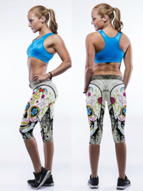 Frauen 3D Digital Schädel Stretch Baumwolle Knielang Capri Sport Leggings Strumpfhosen Shapewear