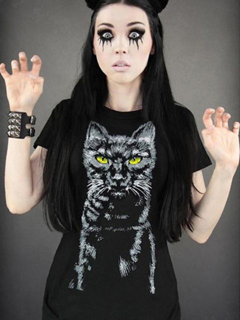 Rockability Digital Print Zombie belleza Gothic Punk T-shirt Top mujeres Halloween