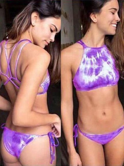 Women Fashion Sexy Strapless Tie Dye Beach Triangle Bikini Set Swimwear High Neck Digital Print Bikini