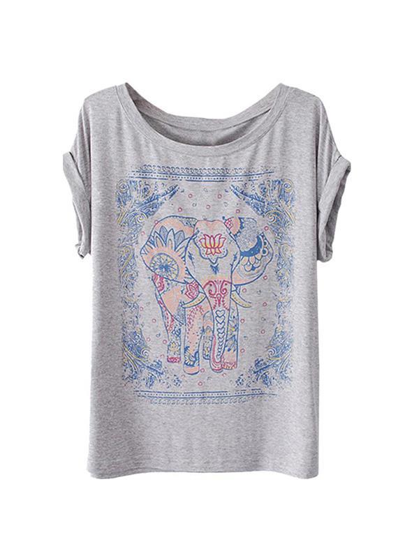 Sommer kvindes elefant trykt rund krave løst kortærmet bomuldst-shirt