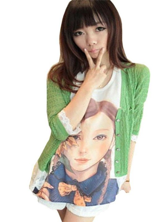 Flickans mode sommar rund krage tecknad tryckt Chiffong Vset toppar bottnande skjorta undertröja