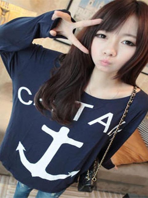 Menina das Mulheres Solto Âncora Casual Manga Batwing Gancho Âncora Patten T Shirt Tops Blusa T-shirt