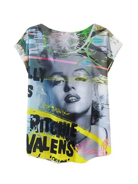 Dam Mode Casual Vit Rund Hals Kortärmad Punk Rolig T-shirt 3D Marilyn Monroe Blus Top T-shirt