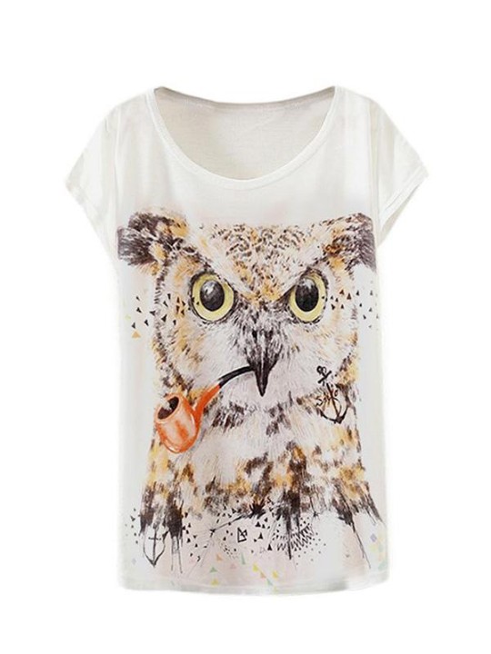 Moda para mujer Casual blanco cuello redondo manga Batwing corto Punk camiseta divertida Smoking Owl Print blusa Top