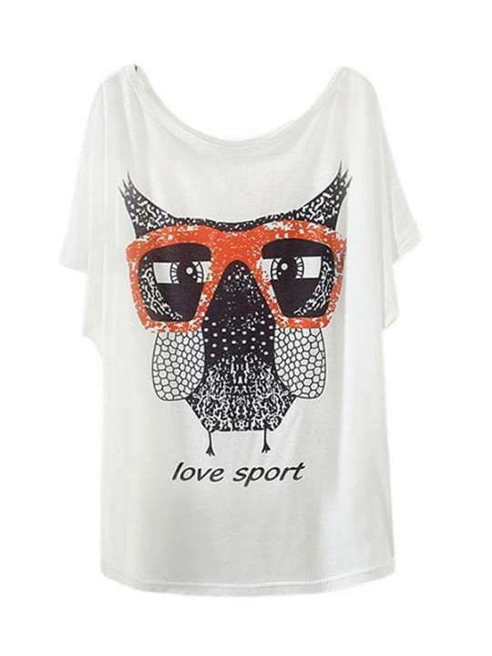 Moda para mujer Casual Blanco Redondo Cuello corto Batwing manga punk Camiseta divertida Gafas Búho Print Blusa Top