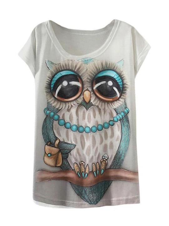 Moda para mujer Casual Blanco Redondo Cuello corto Batwing Manga Punk Camiseta divertida Lindo Búho Estampado Blusa Arriba