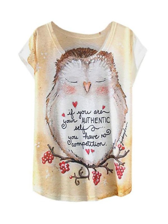 Damenmode Casual Weiß Rundhals Kurzarm Punk Lustige T-Shirt Süße Eule Print Bluse Top