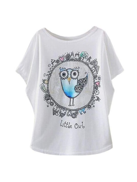 Moda para mujer Casual blanco cuello redondo manga Batwing corto Punk camiseta divertida de dibujos animados búho blusa de impresión