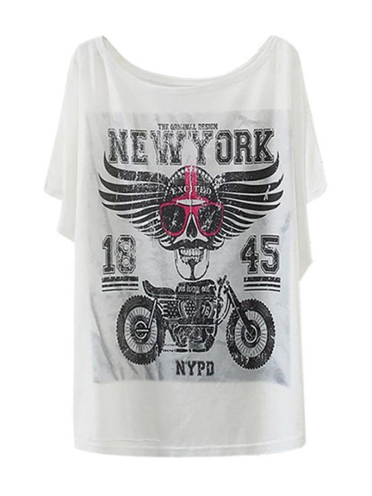 Naisten muoti rento löysä valkoinen moto kallo tulostaa pyöreä kaula lyhythihainen puuvilla t-paita