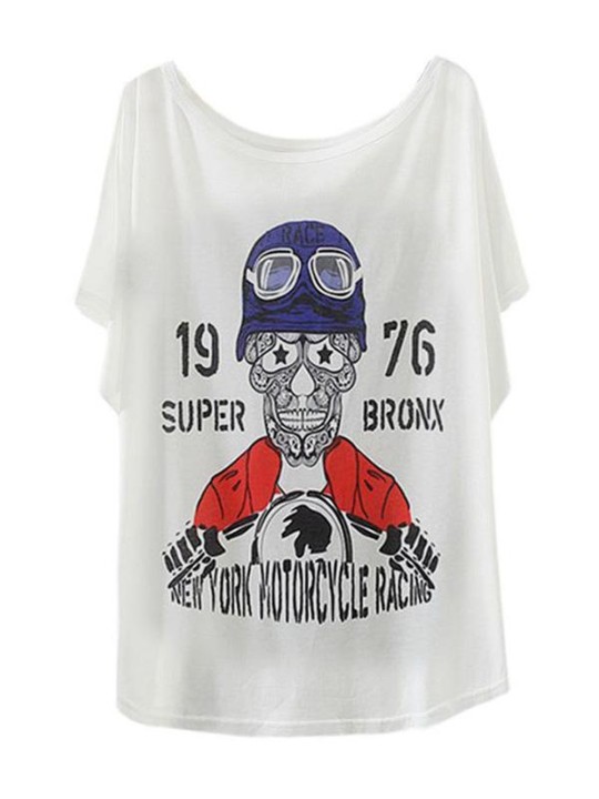 Naisten muoti rento löysä valkoinen kallo ja kirjainpainatus pyöreä kaula-aukkoinen lyhythihainen puuvillainen t-paita