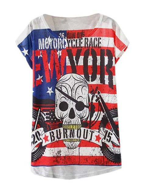 Dam Mode Casual Lös Vit Rock Skull und Neck Kort Batwing ärm Bomull T-shirt Top