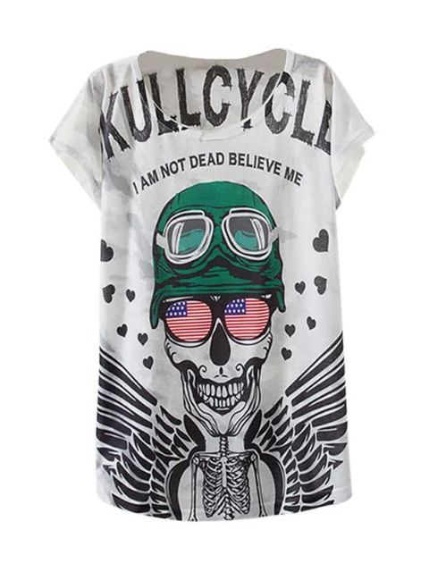 Women Fashion Casual Loose White Soldier Skull Print Round Neck Short Batwing Sleeve Cotton T-shirt Top