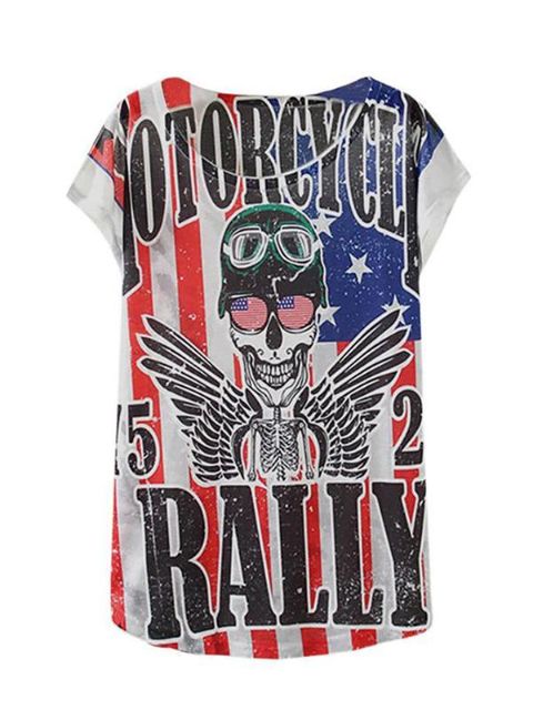 Las mujeres de moda suelta blanco Estados Unidos bandera cráneo impresión cuello redondo manga corta Batwing camiseta de algodón Top