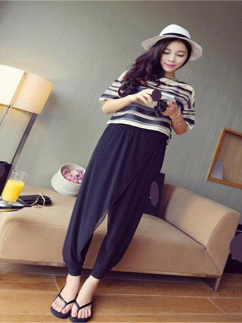 Kvinnors klassiska rand Organza Satin T-shirtblusblusar med Chiffon lös harembyxa 2 stycken