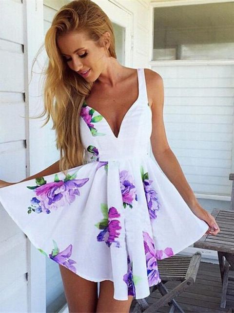 Women's Casual Fit V-Neck Sleeveless Dress Floral Print White Dress Irregular Cocktail Mini Dress
