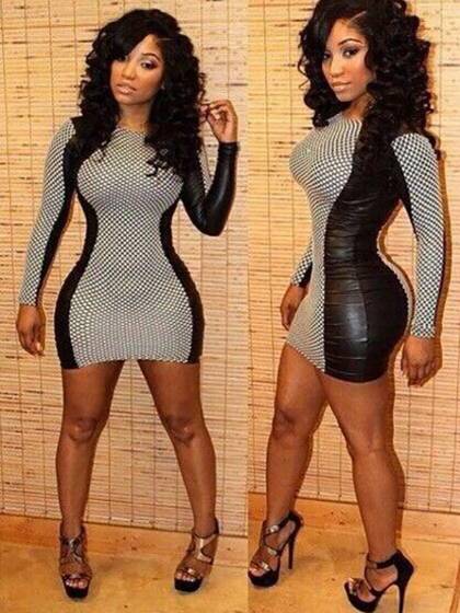 Ladys långärmad konstläder Slim Bodycon klänningar Cocktailparty