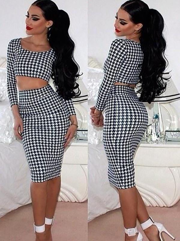 Swallow gird Print Long Sleeves Crop Top + Pencil Kjol Bandage klänning Clubwear Cocktail