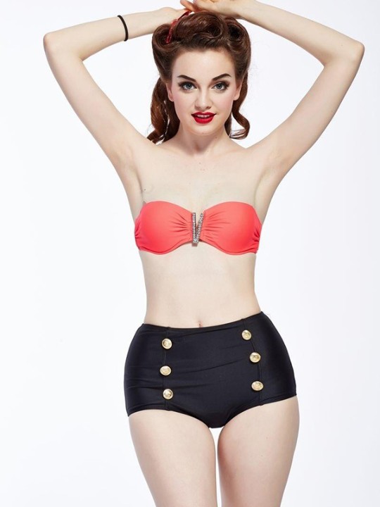 Pink Up Girl 50er Jahre Retro Rockabilly High Waist Bikini Top + Bottom Badeanzug Strass