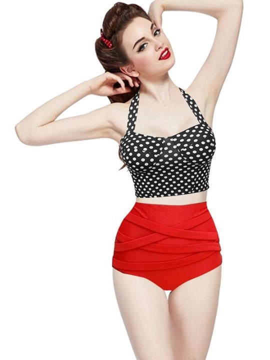 Fashion Women's Summer Vintage Polka Dots Print Bikini Top + Bandage Bottom Swimsuit