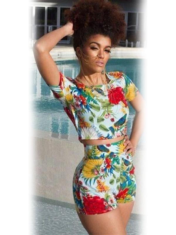 2PCS Cro Top+Short Pants Vintage Floral Print Romper Jumpsuits Summer Casual wear Celebrity Bodycon Clubwear S/M/L