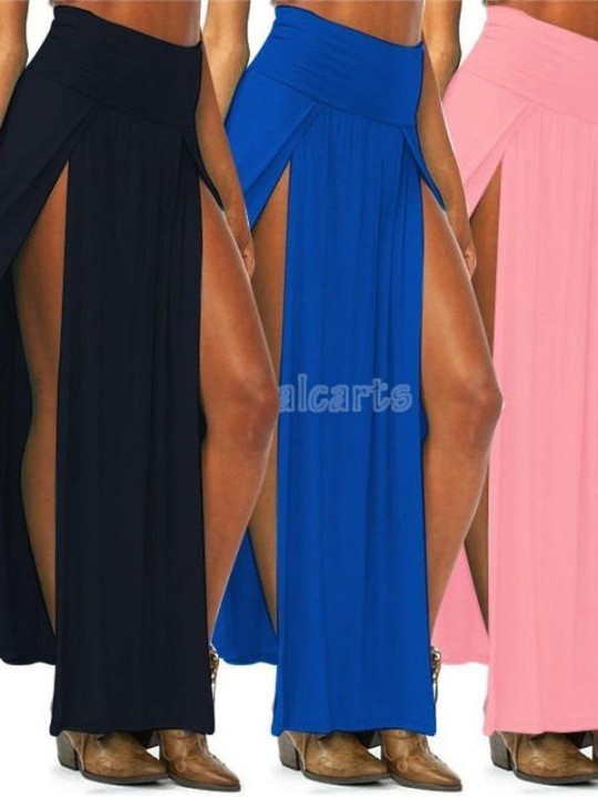 Las mujeres de moda caramelo de color de alta cintura abierta horquilla de doble cara dividida nuevas faldas largas maxi