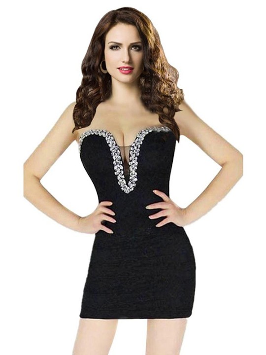 Sexig svart djup v-ringad Bodycon-klänning Clubwear Party Cocktail