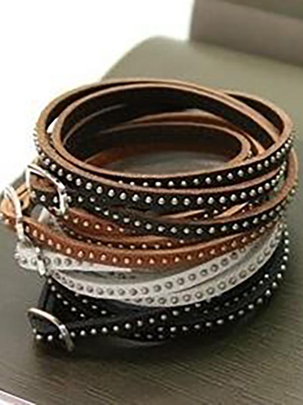 Exagero Unisex Womens Multilayer Couro Charme Rivet Cuff Bangle Estilo Punk Pulseira