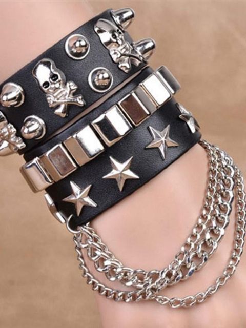 Exagero Unisex Womens Multilayer Couro Charme Rivet Cuff Bangle Estilo Punk Pulseira