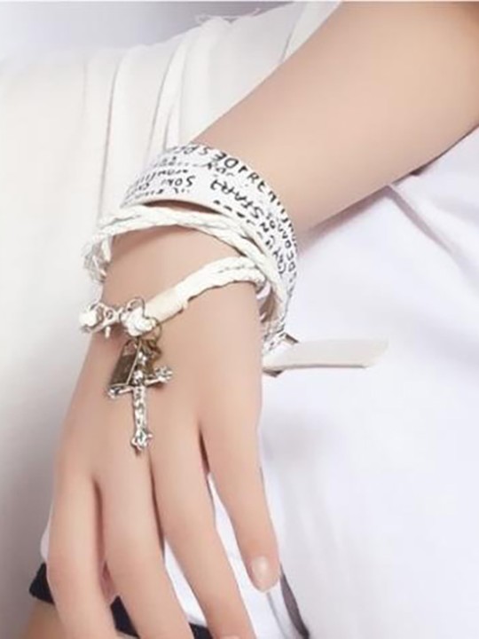 Exaggeration Unisex Womens Multilayer Leather Charm Cross Cuff Bangle Punk Style Bracelet