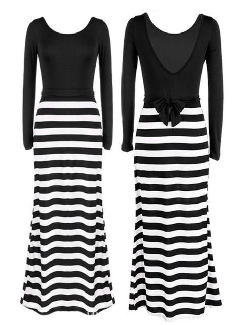 Kvinnors långärmad v-ringad rygg Bomullsklänning Outfit Aftonklänning Clubwear SML XL