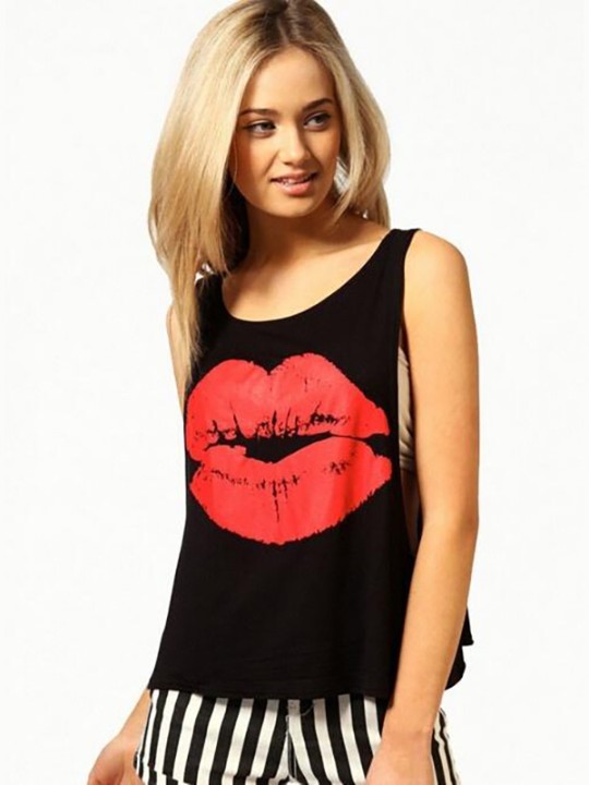 Tendance nouvelles femmes mode col rond sans manches lèvre imprimer gilet débardeur chemise été décontracté